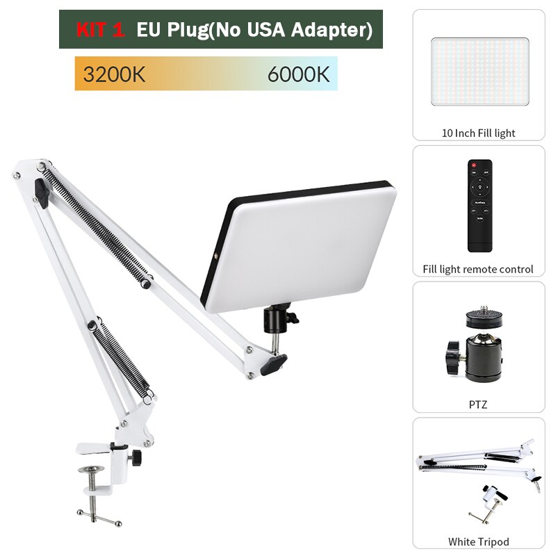 10inch LED Video Light Panel EU Plug USA Adapter 3200k-6000k Photography Lamp Panel 360 Degree Long Arm Holder For Photo Studio: Kit 1