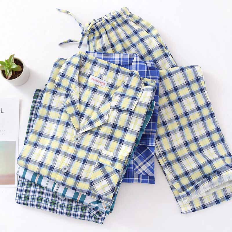 Pijamas de algodón a cuadros para hombre, ropa de dormir cómoda, holgada, informal, para el hogar, primavera y otoño