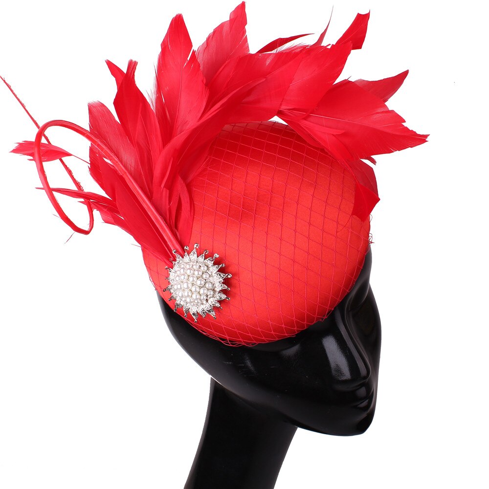 Satin Green Wedding Fascinator Hat Bridal Headpiece With Fancy Feather Hair Accessories Formal Chuch Occasion: Red