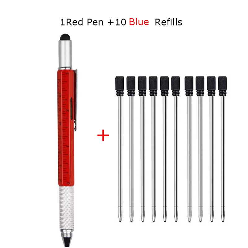 6 In 1 Multi Tool Pen Multifunction Screwdriver Precision Ruler Caliper Ballpoint Pens for Phone Touch Creativity Level Meter: 1 Red 10 Blue ink