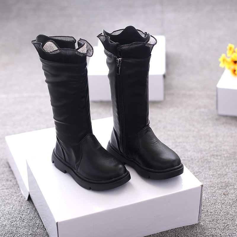 Kinderlaarzen meisjes schoenen leer veter strass lange laarzen effen kleur winter kinderen kniehoge laarzen warme meisjes schoenen  sl025: Sl025 zwarte / Cn 30 binnenzool 18cm