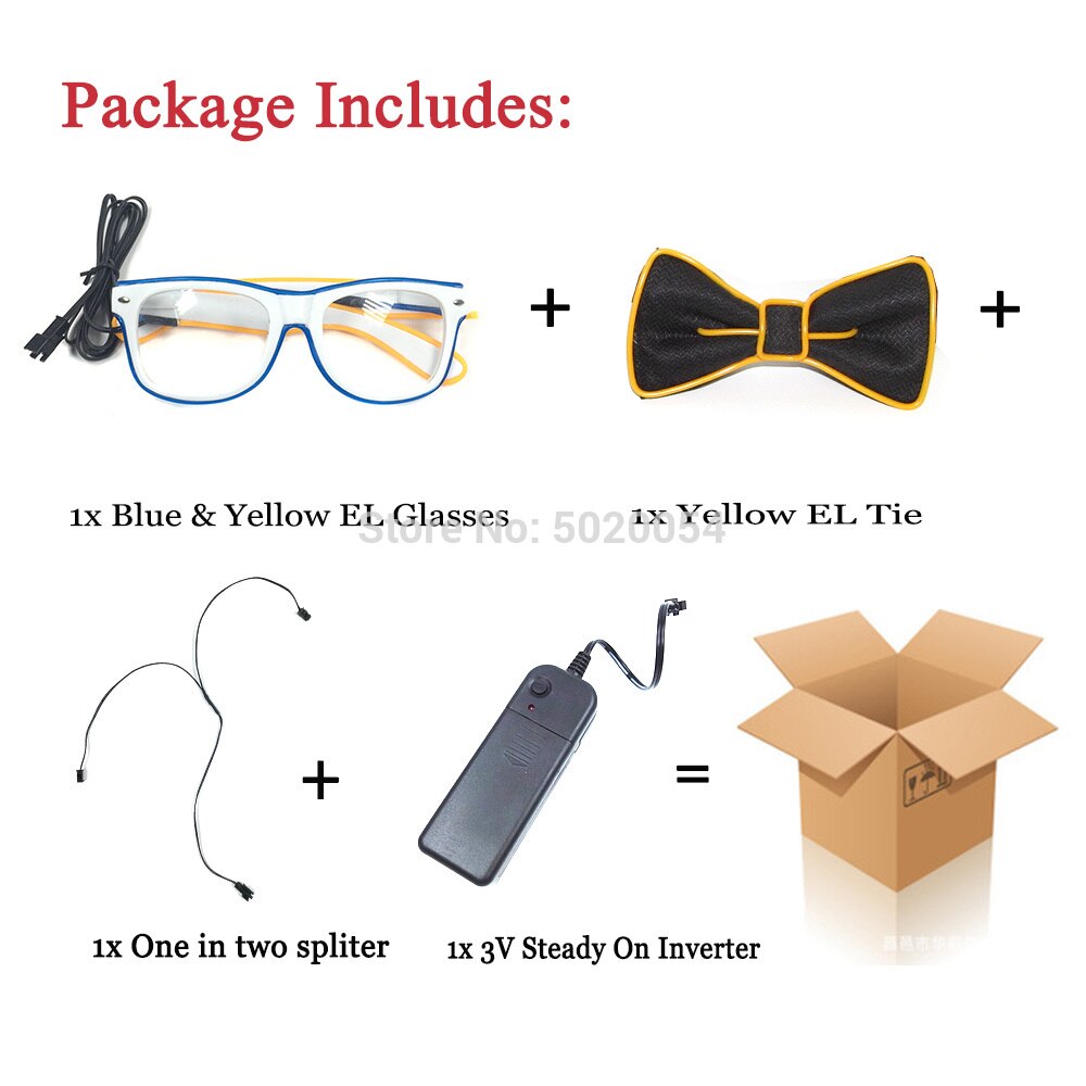 Juego de pajarita brillante con gafas EL combinadas de colores dobles para iluminar los lazos de los hombres gafas de sol luminosas Led brillantes para Halloween: Color-H
