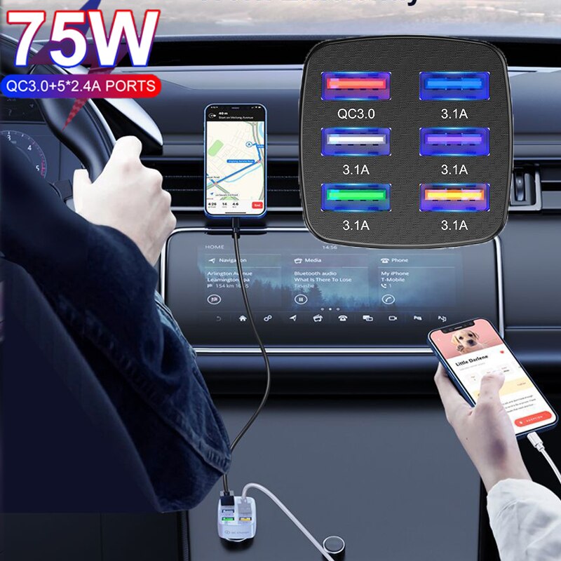 Neueste kfz-usb-ladebuchse mit 6 anschlüssen 75w qc 3.0 schnellladefunktion für xiaomi 12 pro, samsung, iphone 13 pro max 11 12