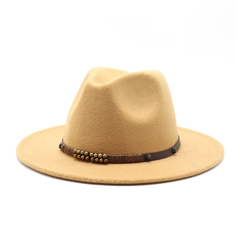 Women Men Wool Vintage Gangster Trilby Felt Fedora Hat Wide Brim Leopard Belt Gentleman Lady Winter Autumn Jazz Cap: Khaki