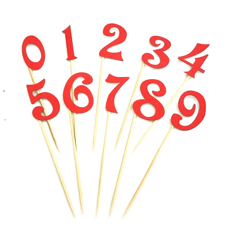 10Pcs/Set 0-9 Gold Silver Glitter Numbers Cake Flag Topper Kit Wedding Children Birthday Cupcake Party Decoration: 10pcs red