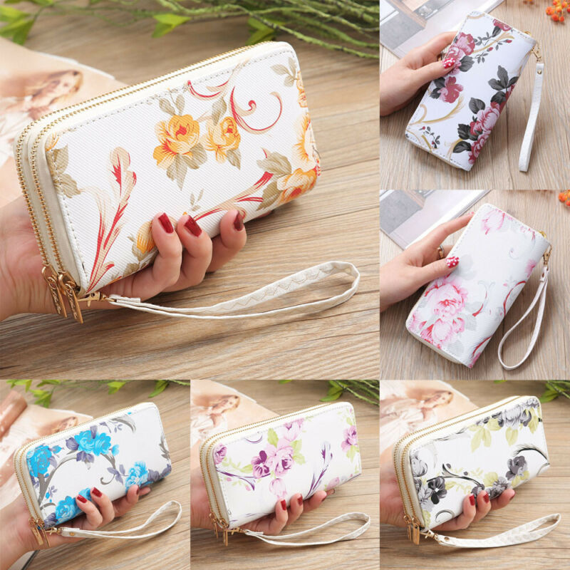 Vrouwen Lederen Dames Elegante Rose Gedrukt Portemonnee Lange Dubbele Rits Portemonnee Kaarthouder Case Clutch Telefoon Portefeuilles