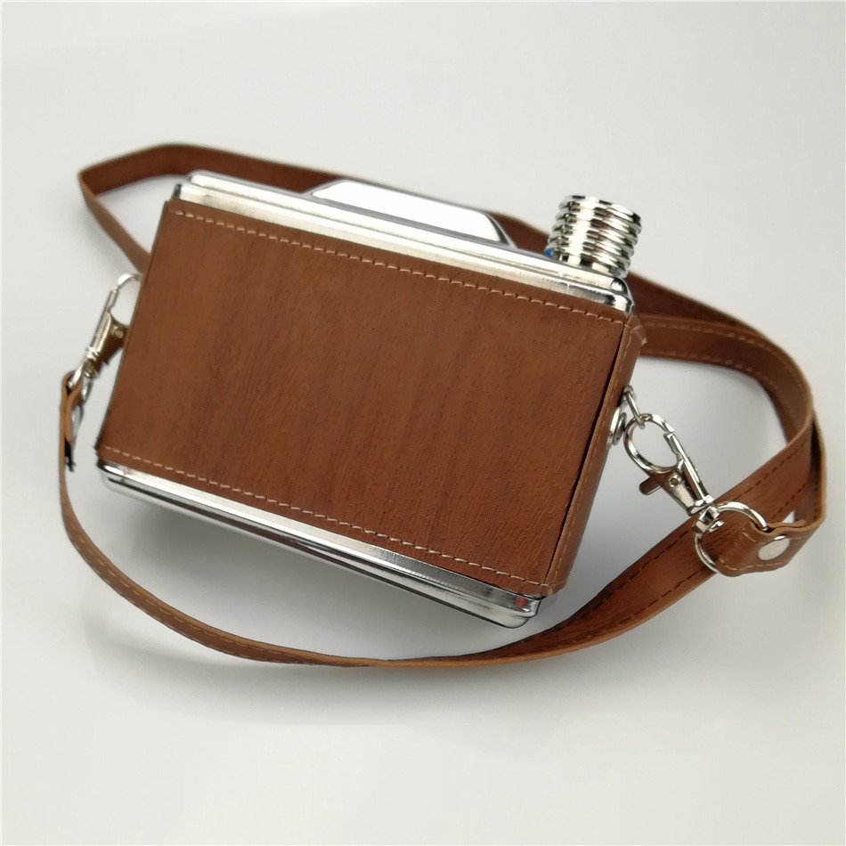 Kamera bilden 11 unzen Lebensmittel sicher Edelstahl Flachmann mit holz leder gewickelt Alkohol Schnaps Whiskey
