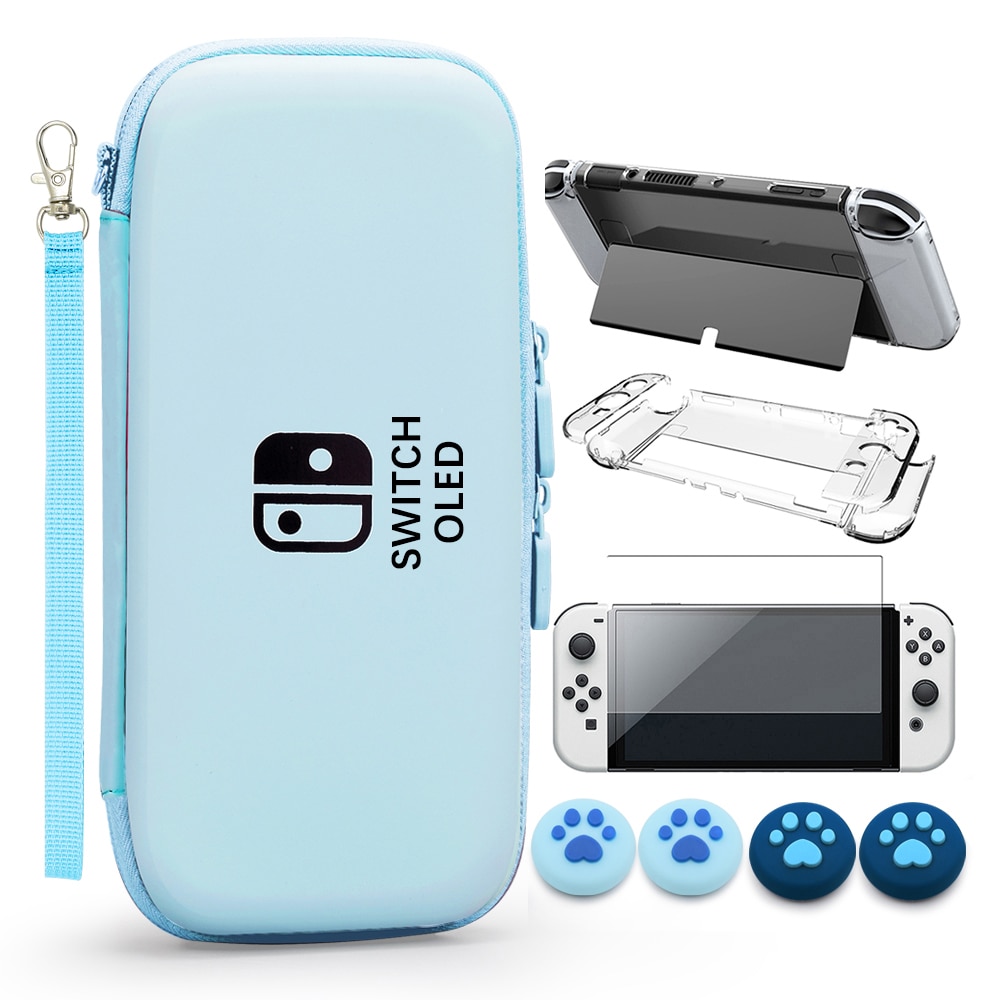 Switch OLED Storage Carry Bag Accessories Kit PC Clear Cover Case Screen Protector With Analog Grips for Nintendo Switch OLED: Dutch Blue