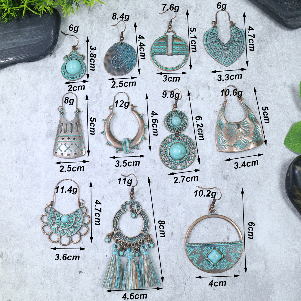 Pendientes bohemios étnicos Vintage de Color bronce para mujer, aretes colgantes geométricos de flor tallada en piedra azul clásica, joyería Jhumka