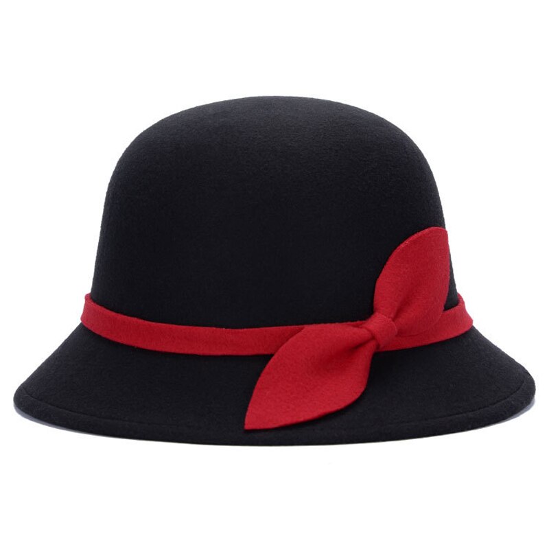 Blomster cloche bowlerhat damer fest bryllup kirke spand chapeau formelle kvinder uld hat varm filt vinter fedora kasket: Sort med rødt