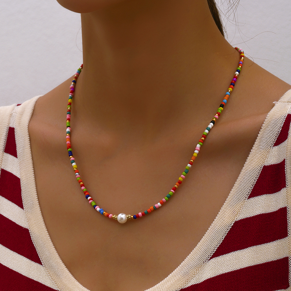 Cadena de cuentas de Color dorado hecha a mano bohemia, collares de , colgante de perlas, joyería para vacaciones en la playa para mujer, accesorios N0374: Rojo-marrón