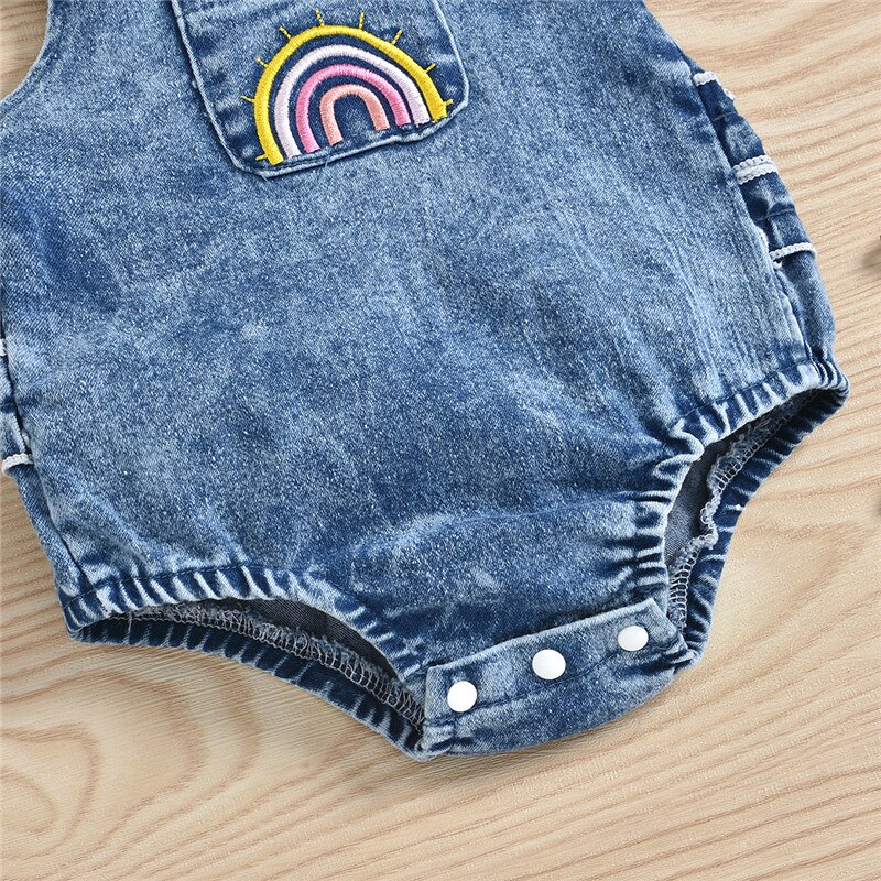 Neugeborenen Baby Sommer Kleidung Kleinkind Kleinkind Kinder Mädchen Jungen Regenbogen Stickerei Strap Denim Strampler Overalls Weiche Casual Outfits