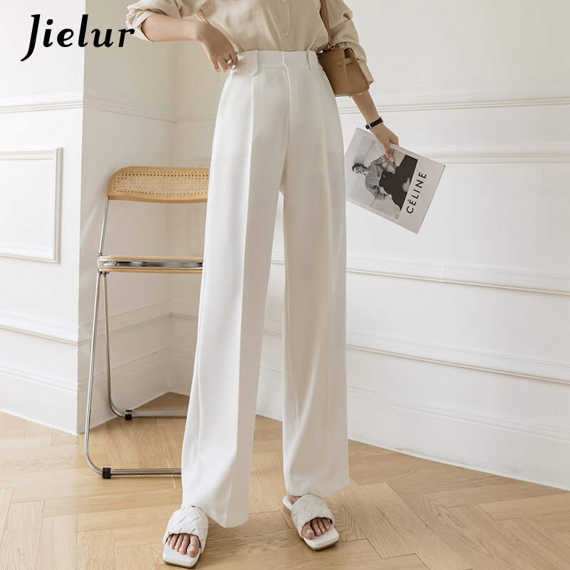 Jielur – Pantalon à jambes larges pour femmes, blanc, taille haute, poches, vêtements de travail décontractés, Ol, noir, s-xl: WHITE / S