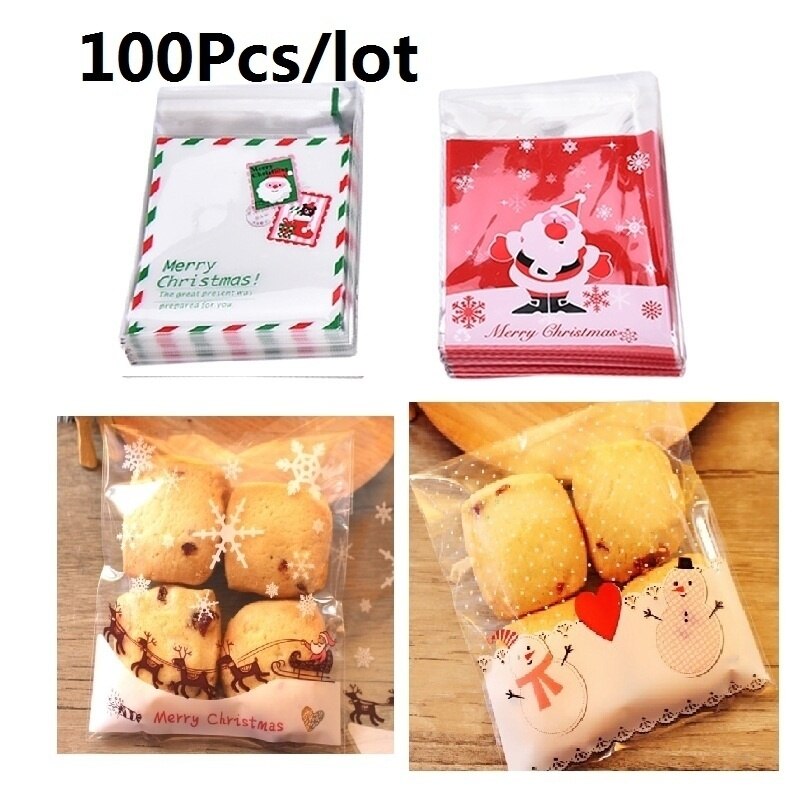 100Pcs Kerst Kerstman Moose Sneeuwpop Zelfklevende Cookie Verpakking Zakken Voor Koekjes Snack Wrap