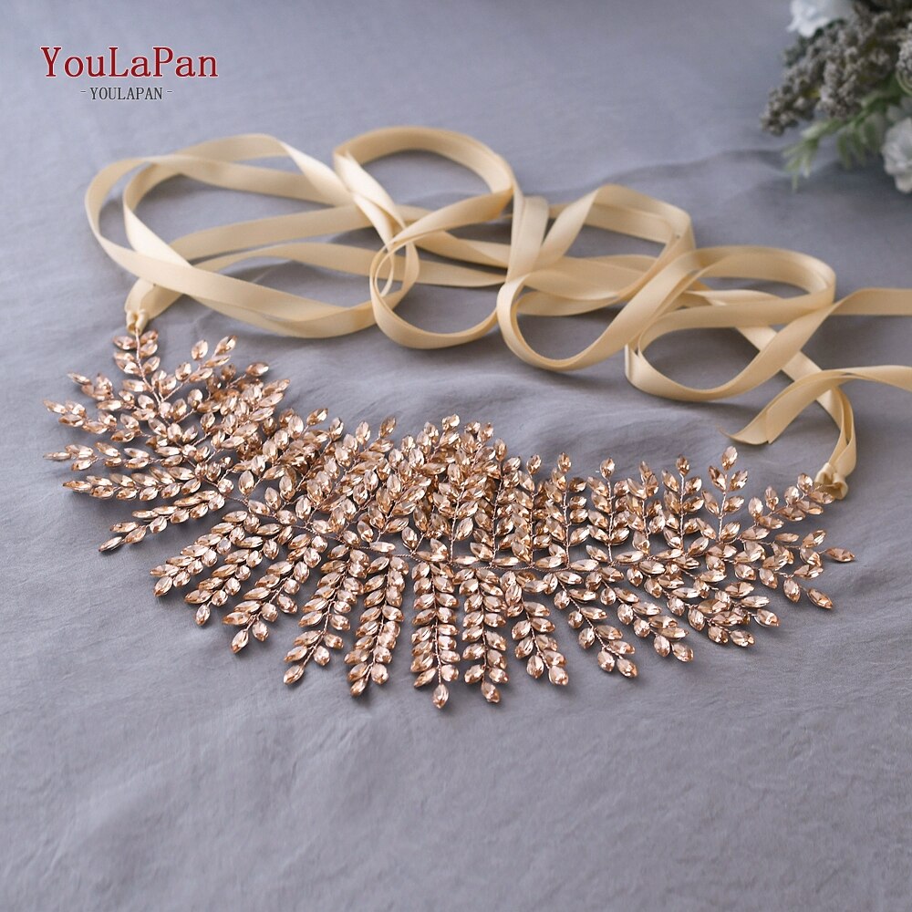 YouLaPan rose cristal bijoux ceinture pour robe formelle rouge brillant ceinture pour femmes ceinture de bal pour robe strass femmes ceinture SH238-P: Champagne ribbon