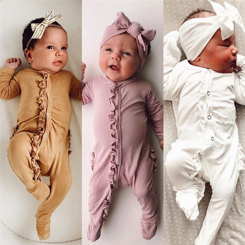 Neugeborenen Baby Baumwolle Footies Romper Kopfschmuck Langarm Rüschen Solide Overall Baby Jungen Mädchen Kleidung 0-12M