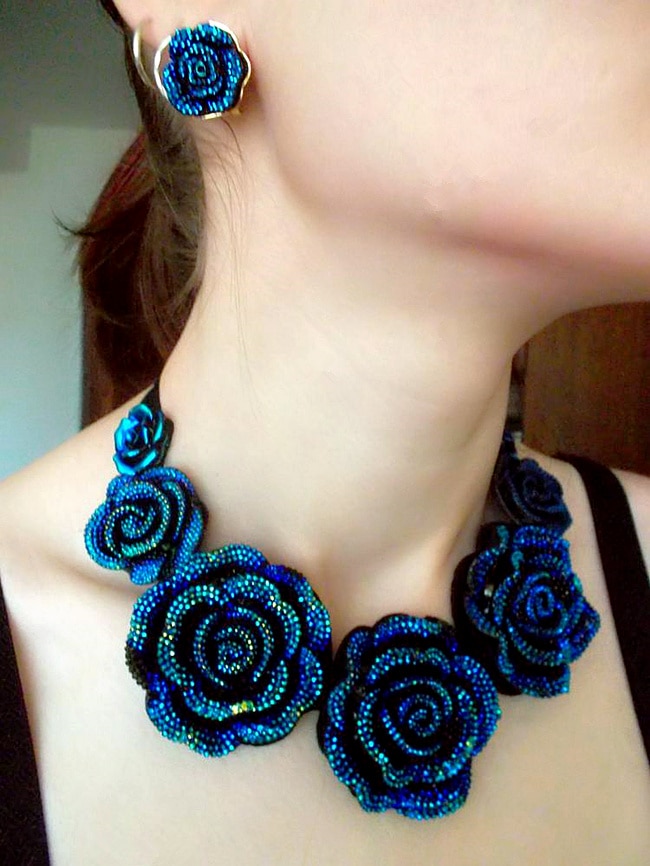 Halskæder store blå harpiks blomsterkæder & vedhæng chunky statement halskæde til kvinder  x1629