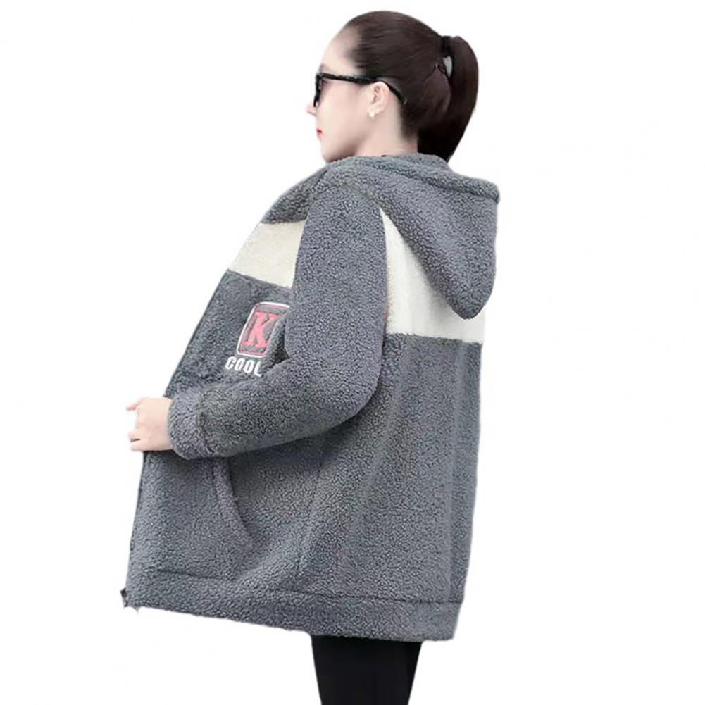Damenjacke, Colorblock-Vlies-Kapuzenmantel mit Reißverschlusstaschen für Damen, warme Winter-Strickjacke-Jacke, mittellang, Schließfach