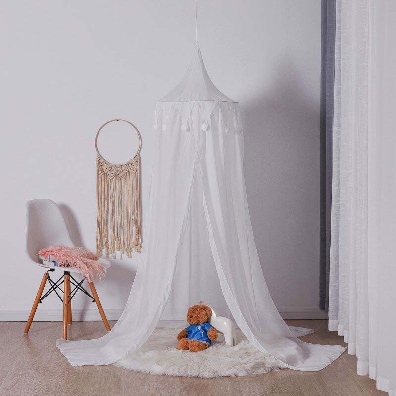 Mosquitera hecha a mano para decoración de dormitorio de niños, cortinas toldo para camas, cúpula colgante redonda con borlas de pompón: White Chiffon