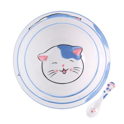 Cute Cat Ceramic Dinner Plate Dish Bowl Spoon Set Cartoon Porcelain Food Container Kids breakfast Dinnerware Set: 4 Piece Blue set