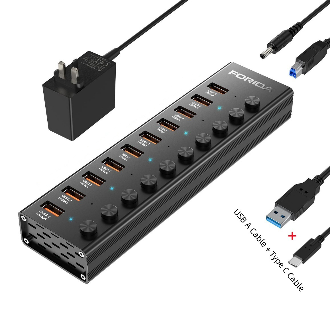 FORIDA 10 puertos USB A 3,2 extensión USB C Hub 10Gbps estaciones de acoplamiento interruptor de encendido/apagado divisor de energía para ordenador portátil Macbook de escritorio: Amarillo claro