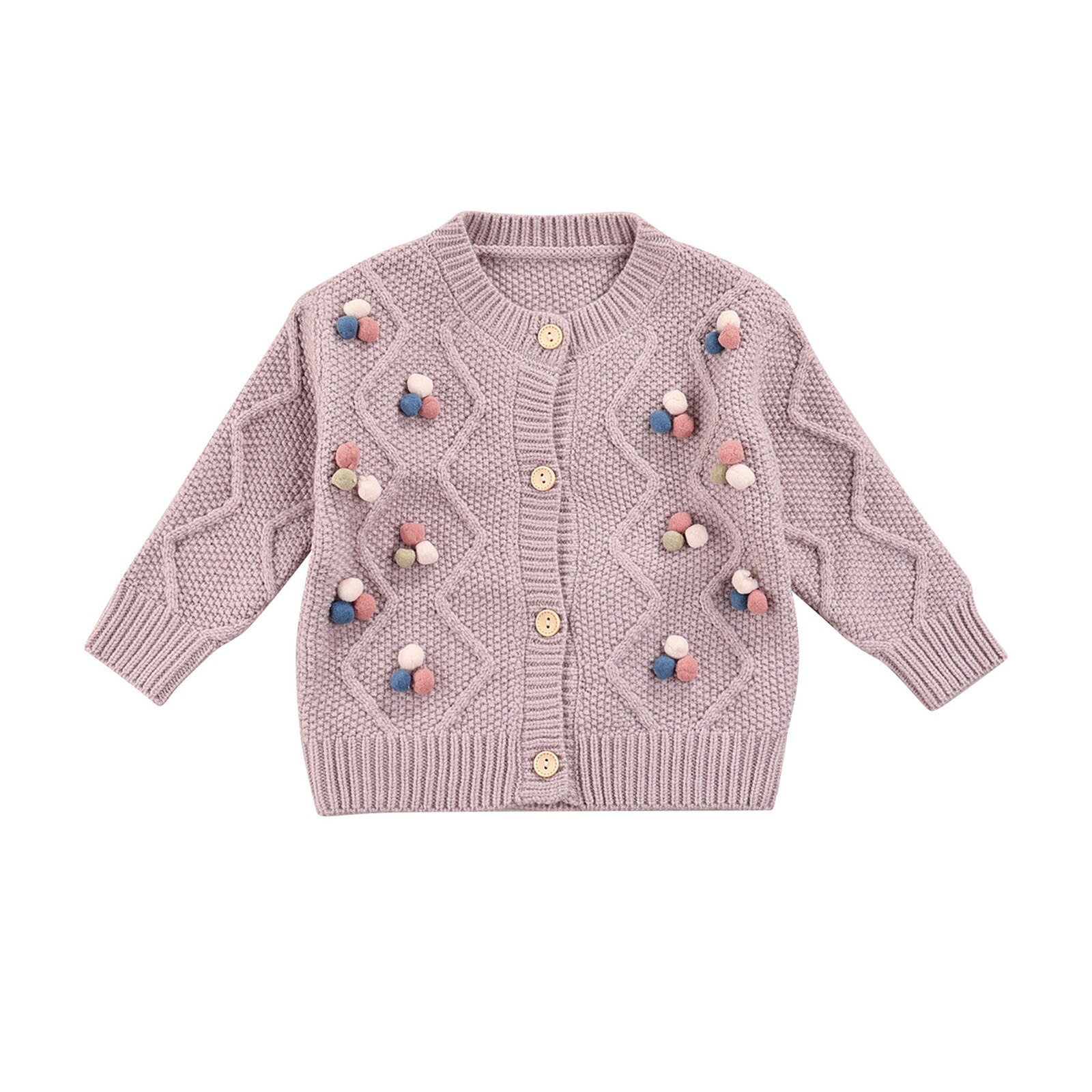Cardigan lavorato a maglia per bambini autunnali, decorazioni per palline di peluche per bambine collo tondo manica lunga Outwear monopetto top Casual: Purple / 8T