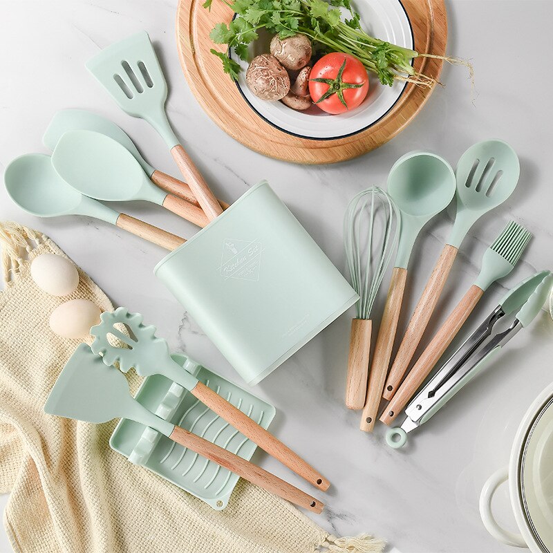 Silikoni keittiövälineet de cocina tarvikkeet työkalut keittiövälineet keittolusikka espatula gadget keittiö menaje lastalla puinen