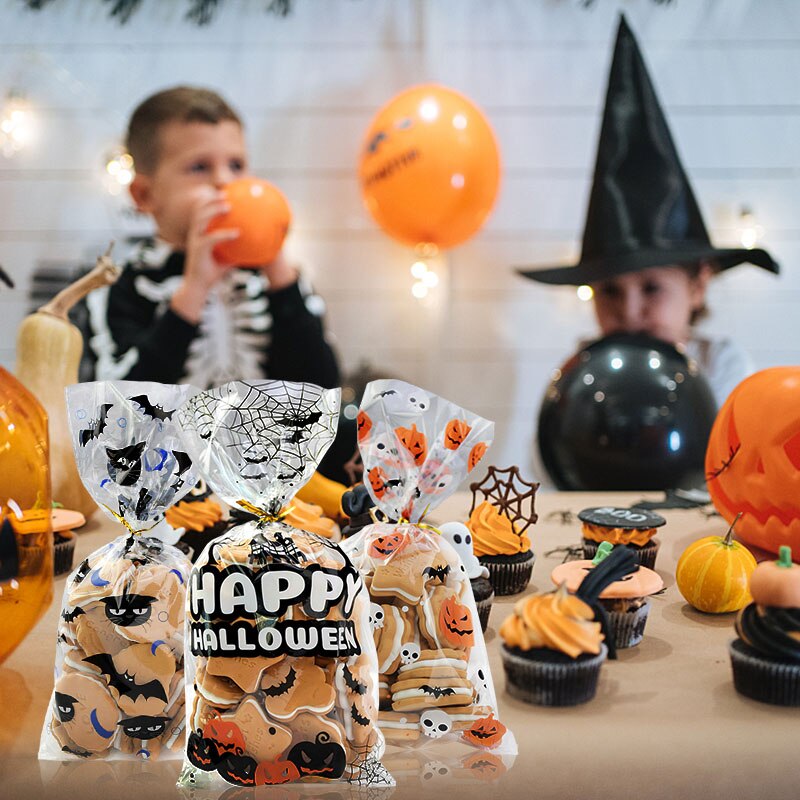 50 Stks/partij Halloween Snoep Tas Happy Halloween Traktatiezakken Koekjes Snack Plastic Verpakking Zakken Duidelijk Koekje Zak Halloween Decor