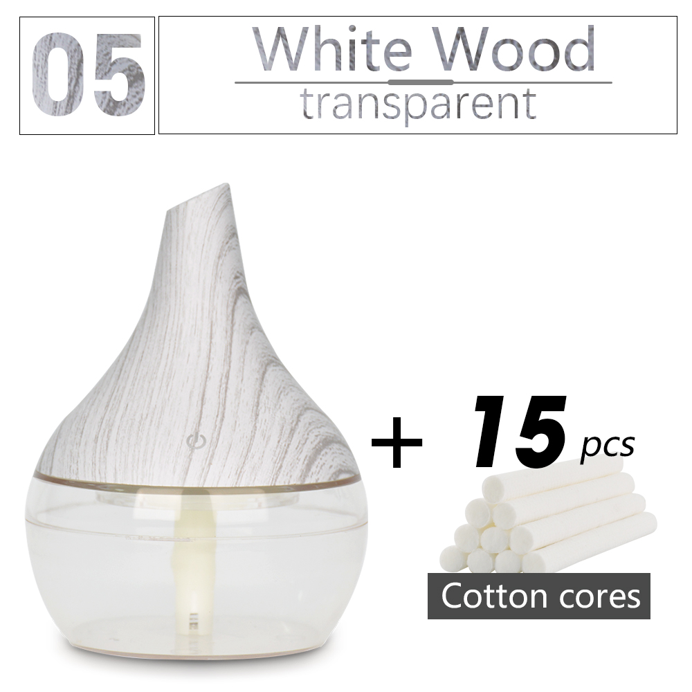 300ML USB humidifier Electric oil Aromatherapy wood grain Ultrasonic air diffuser with 7 colors lights for home office Car: white wood-trans-15