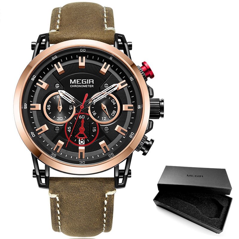 Megir Mannen 24 Uur Quartz Horloges Lederen Band Chronograaf 3atm Waterdicht Army Horloge Man Relogios Masculino 2085 Zwart: ML2085G-Brown-Rose