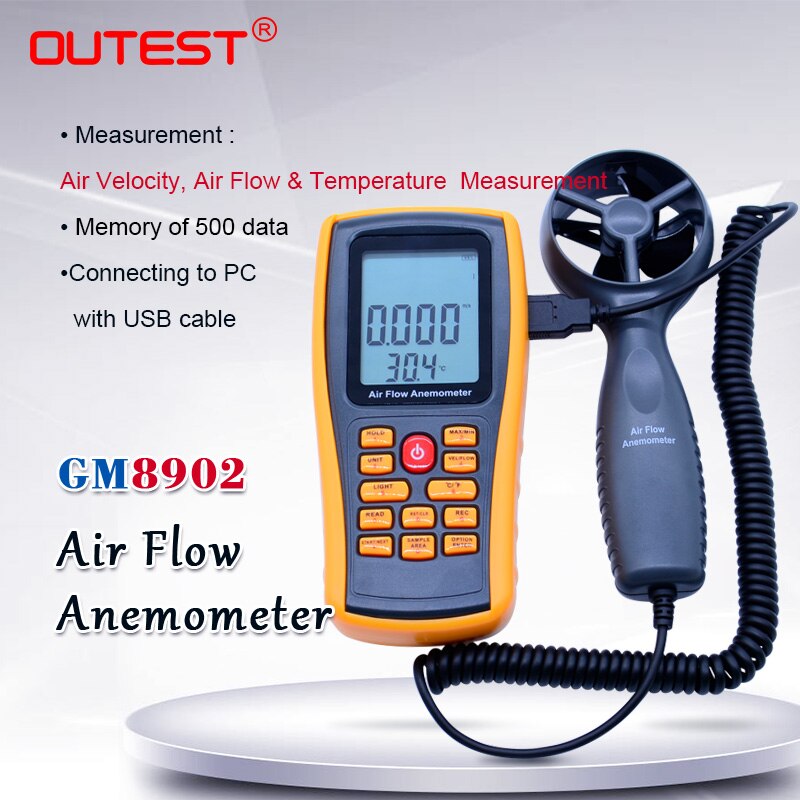 GM8902 0-45M/S Digital Anemometer Wind Speed Meter Air Volume Ambient Temperature Tester With USB Interface