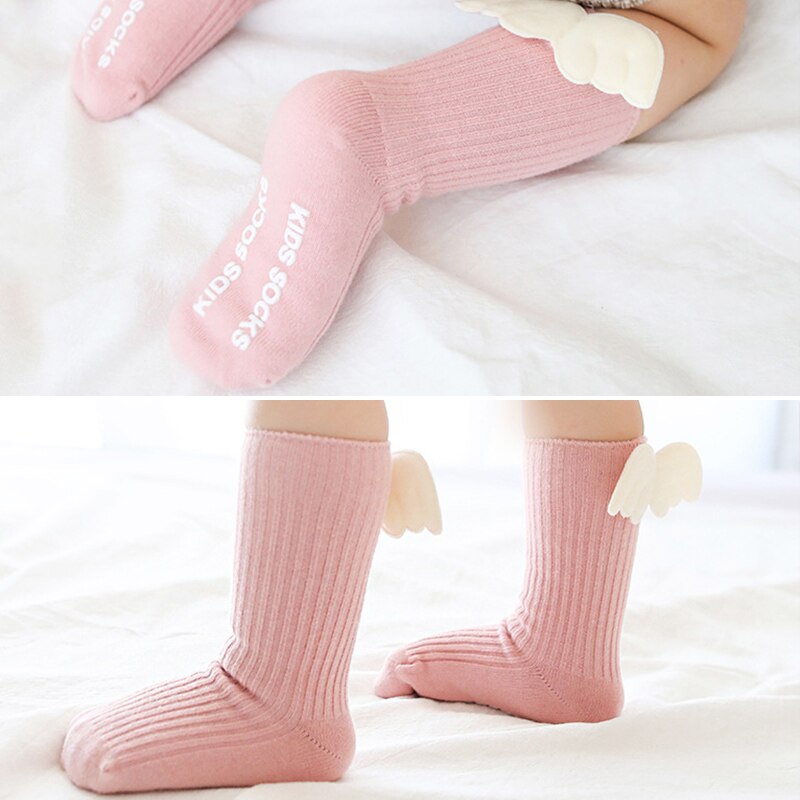 Mooie Engel Vleugel Katoenen Baby Sokken Herfst Winter Baby Meisje Kniehoge Sokken Effen Kleur Peuter Kids Anti Slip Lange sokken