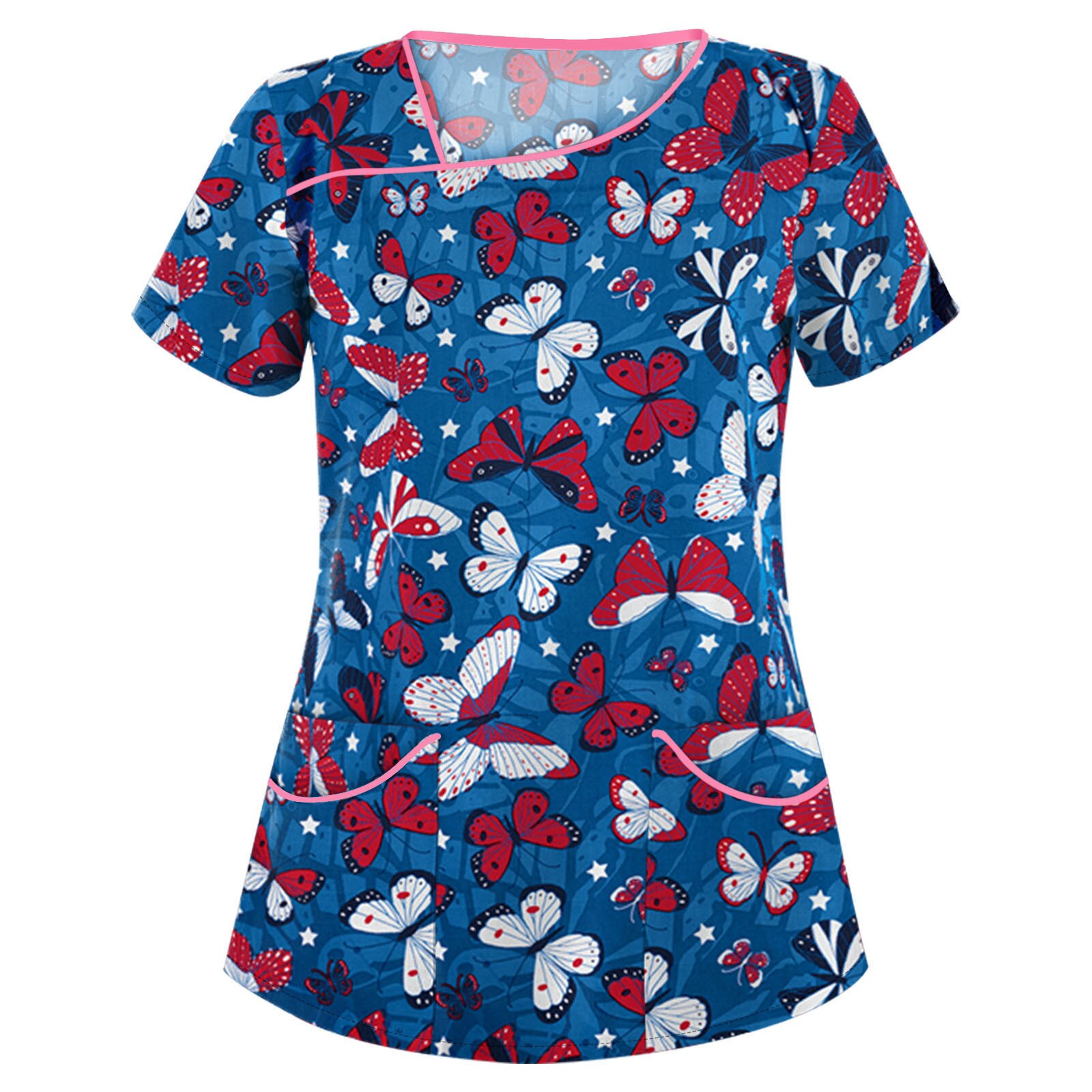 #Ac46 Women Butterfly Print Short Sleeve Neck Tops Working Uniform Women Blouse Shirt Nurse Uniform Медицинская Одежда: Red / XL