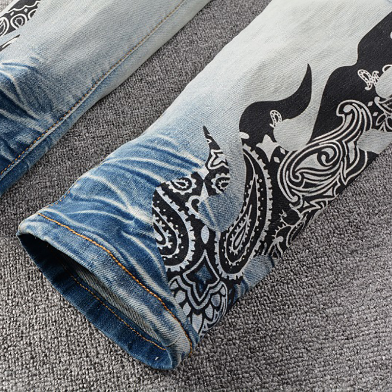 Jean en Denim imprimé Paisley Bandana pour homme, Streetwear, Patch flamme, Patchwork, pantalon extensible, déchiré, effilé