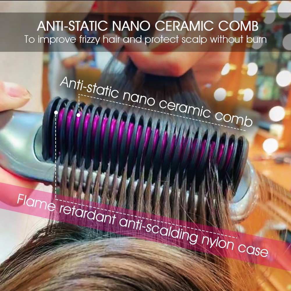 Hair Straightener Brush, Rifny Heated Straightening Comb with Anti Scald Auto Temperature Lock , 30S Fast Ceramic Heating