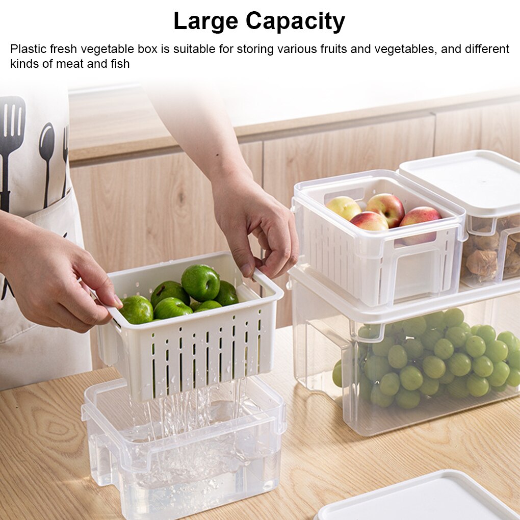 Refrigerador apilable de 1,9 L, organizador de frutas y ensaladas, contenedor de almacenamiento de alimentos, caja de verduras frescas transparente con colador para nevera