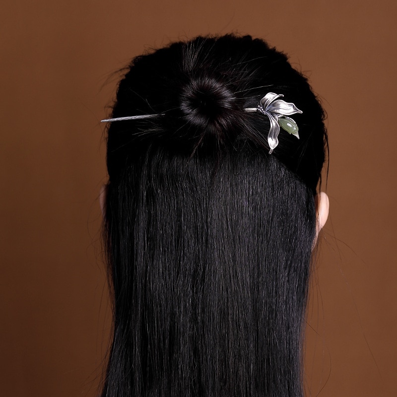 Miqiao Traditionele Chinese Accessoires Voor Vrouwen Sieraden Groene Jade Orchidee 925 Zilver Haar Stick Mode 925 Zilveren Bloem Hanfu