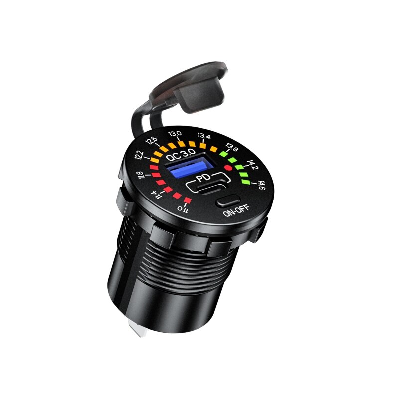 Cargador USB tipo C para coche, dispositivo de carga rápida con voltímetro LED, interruptor de encendido y apagado, 12V, QC3.0
