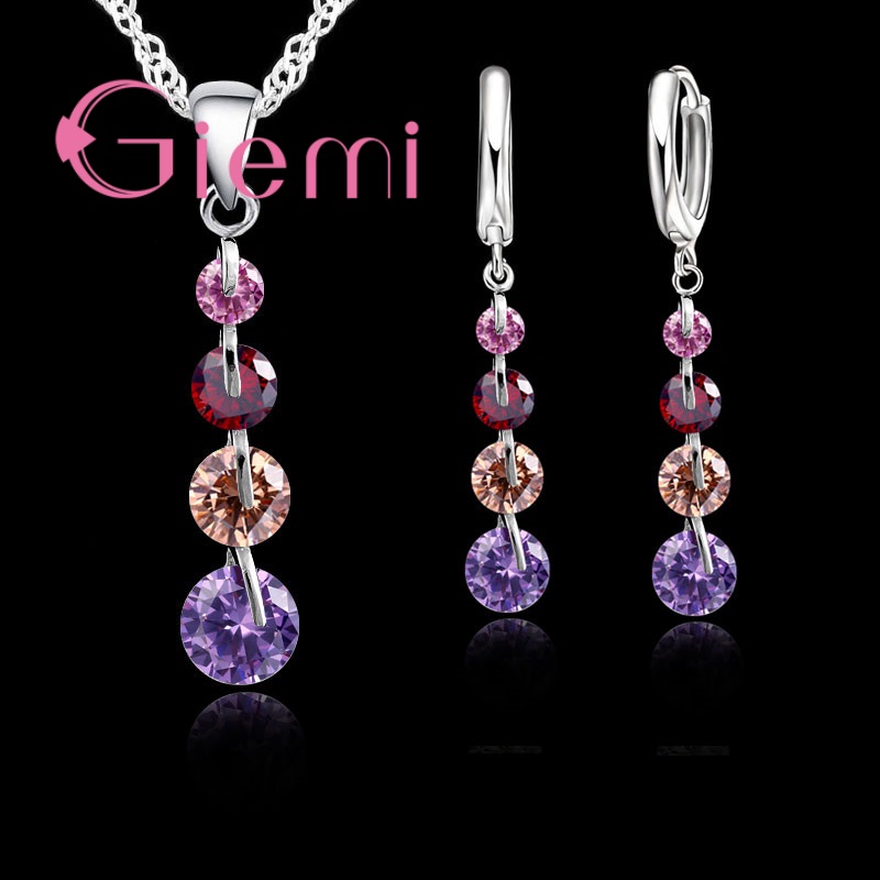 Real Romantic 925 Sterling Silver Cubic Zirconia Crystal Pendant Necklace Earrings Jewelry Set For Women Choker Wedding: black