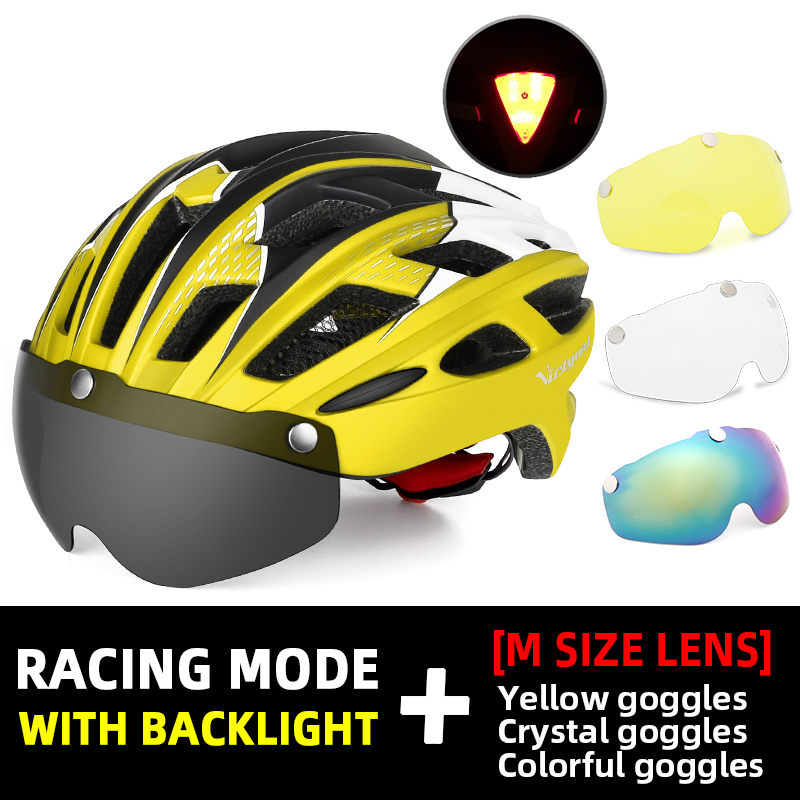Victgoal adultos capacete da bicicleta capacete com destacável magnético óculos de proteção &amp; segurança led luz traseira ciclismo capacetes das mulheres dos homens: YellowHelm 3Goggles