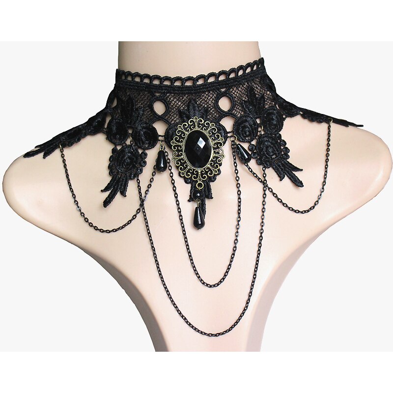 Retro Court Gothic Personality Multi-Layer Crystal Lace Necklace Clavicle Chain: Light Yellow Gold Color