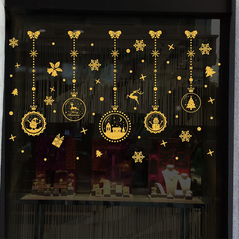 Merry Christmas Gold Garland Stickers Shining Tree Window Sticker Xmas Wall Decals Year Showcase PVC Wall Paper Home Decor: Style  10