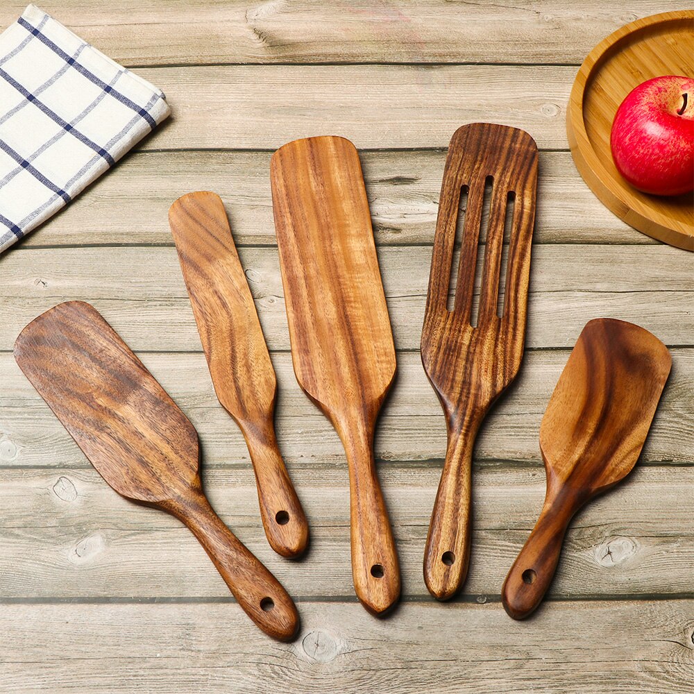 Wooden Spurtles Set Slotted spatula Ladle colander for Stirring Mixing Serving Natural Teak Kitchen Cooking Utensil