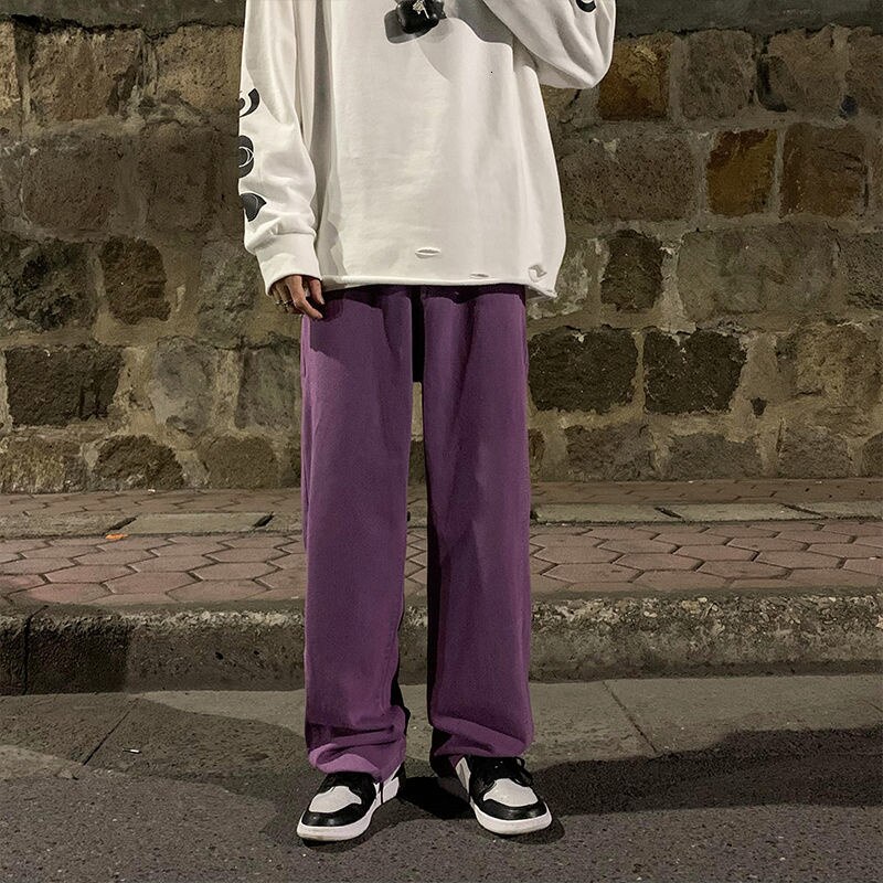 Grøn/lilla baggy jeans mænd afslappet retro wide leg jeans mænd streetwear løs hip hop straight denim bukser herre bukser: Lys lilla / M
