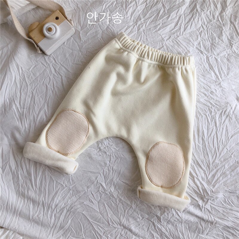 Bébé garçons filles genou Patch pantalon automne hiver Plus velours enfants pur coton Leggings solide enfant en bas âge Pp pantalon: beige / 12M