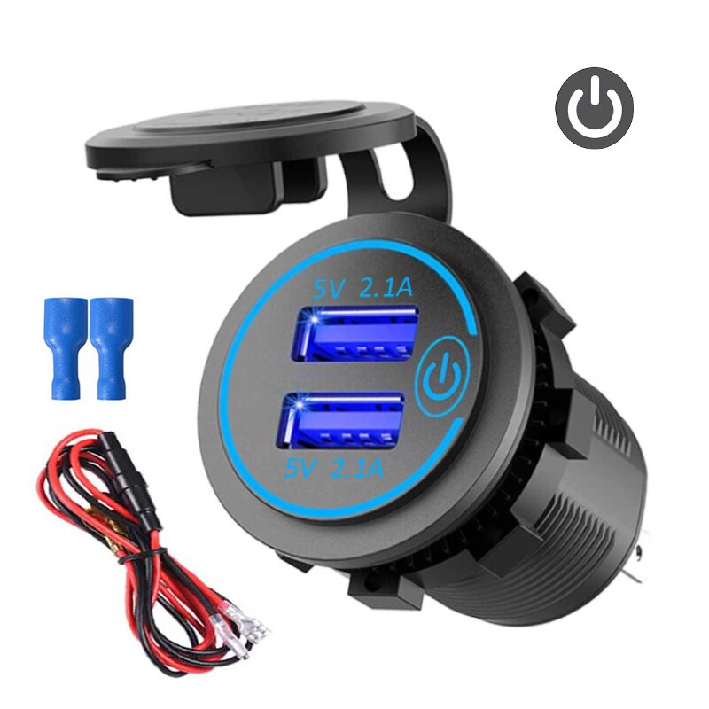 4.2A Dual USB Fast Charger Socket Power Outlet with Touch Switch Waterproof Charger Socket for Car Marine Boat Motorcycle Truck: Blue add wire