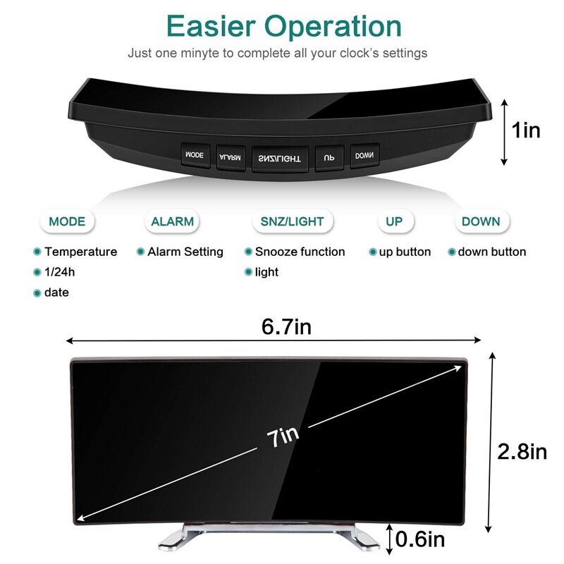Digitale Wekker, 7 Inch Gebogen Dimbare Led Sn Digitale Klok Voor Kinderen Slaapkamer, wit Grote Aantal Klok, Snooze Functie
