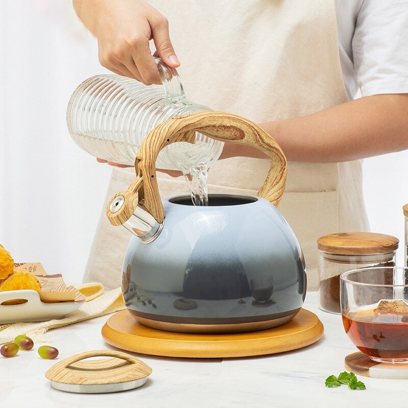2.8 qt vattenkokare, visselpanna i rostfritt stål, vattenkokare med spishäll med trävärmehandtag