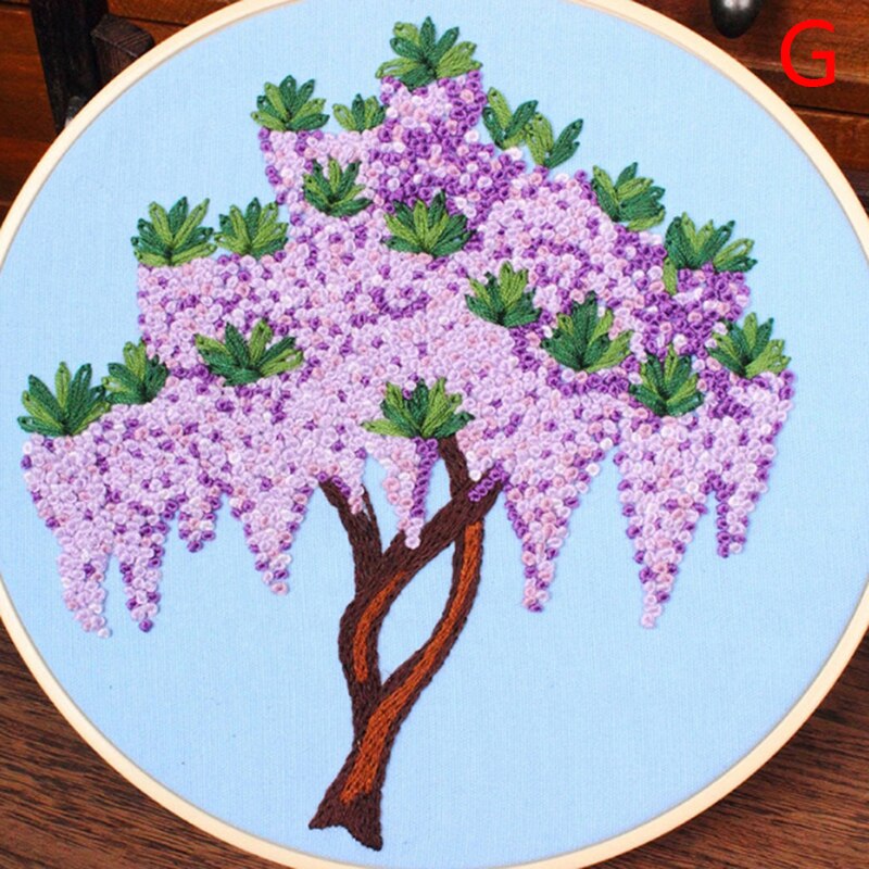 DIY Embroidery Plants Cherry Tree Handwork Needlework for Beginner Cross Stitch Kit Ribbon Painting Embroidery Hoop Home Decor
