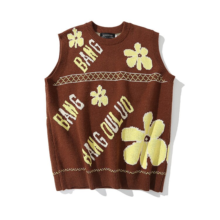 95%  bomulds vintage strik vest herre trøjer blomsterprint brun efterår jacquard ærmeløs trøje koreansk tøj: Brun / Xl